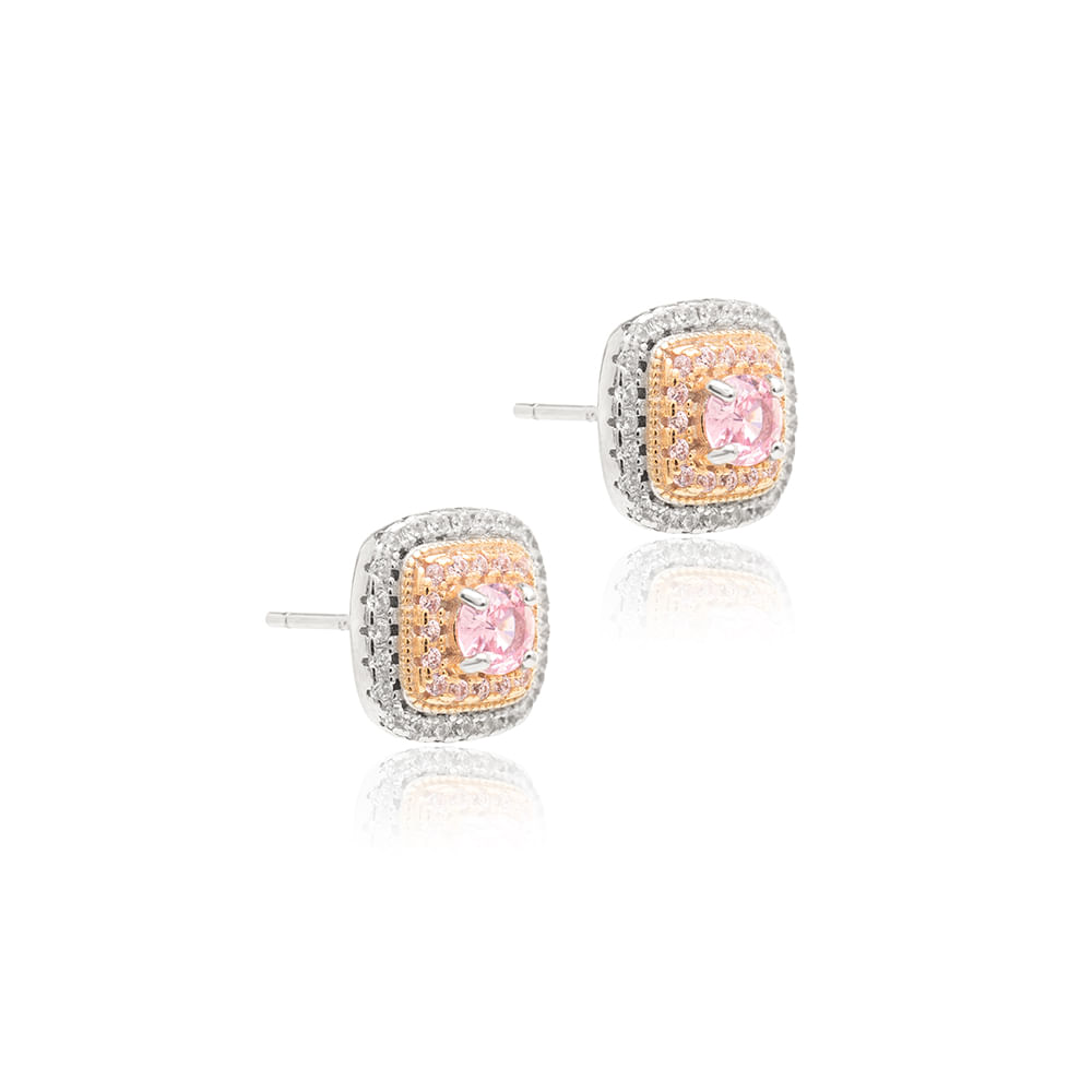 Brinco Quadrado com Zircônia Fancy Pink, Zircônias Kunzita e Zircônias Brancas com Microzircônias no Banho de Ouro Rosé - Prata 925